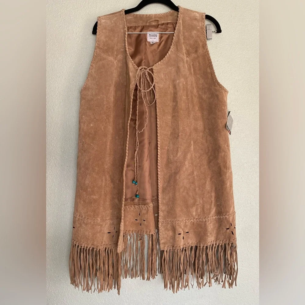 Womens Native American Wilson Leather Suede Fringe Vest Tan Outfit XL 14 - Picture 2 of 16